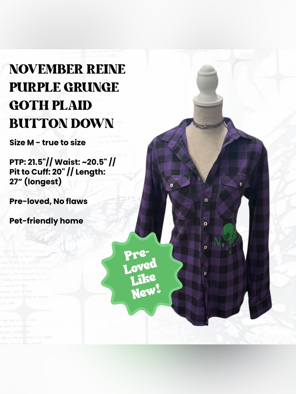 November Reine black & purple plaid flannel button down shirt with green grunge